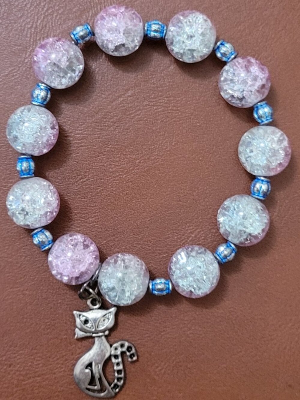 Pink Beads with Turquoise Dividers with Silver Cat Charm